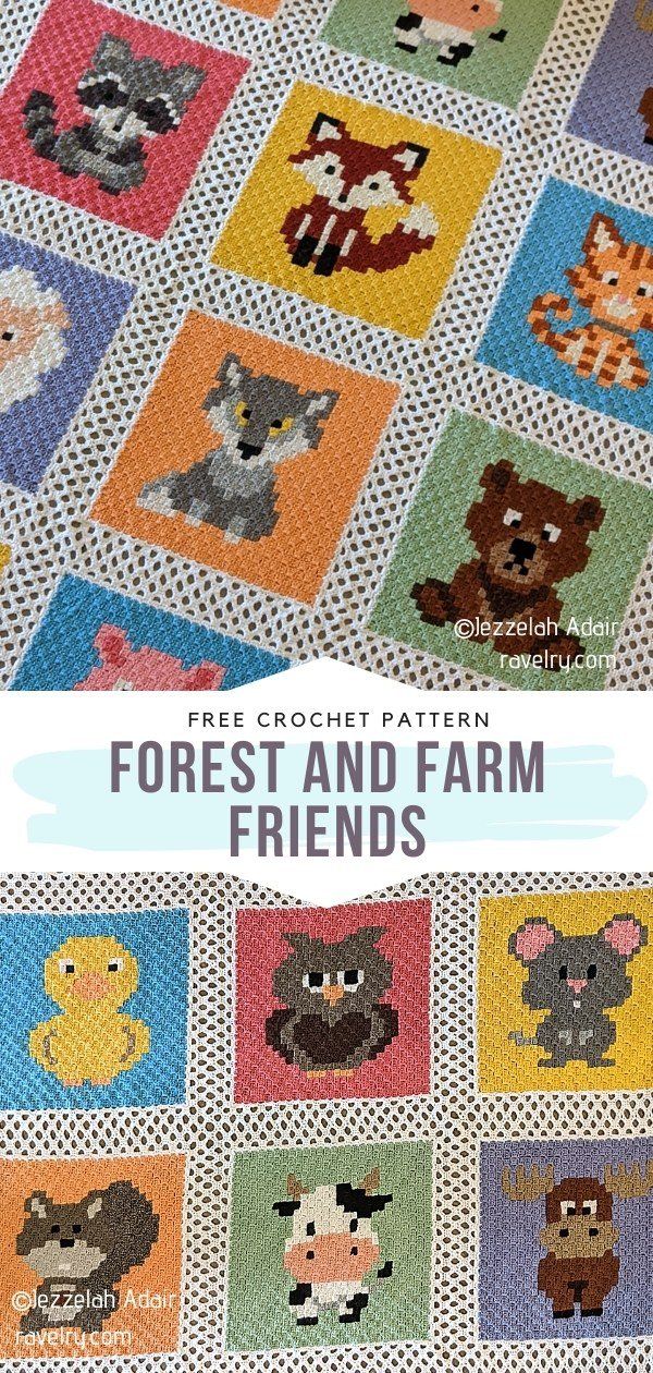 the front and back cover of a crochet pattern for forest and farm friends