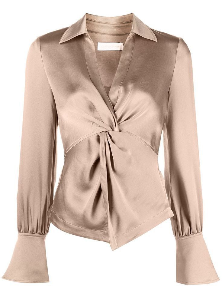 Twisted Blouse, Satin Wrap Top, Evening Blouses, Top Satin, Beige Blouse, Twist Front Top, Satin Long Sleeve, Trendy Fashion Tops, Pretty Blouses