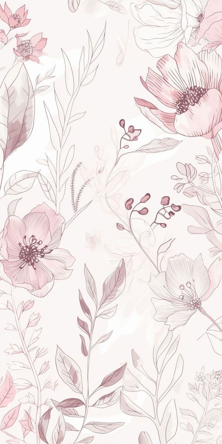 a pink and white floral wallpaper with lots of flowers on the bottom half of it