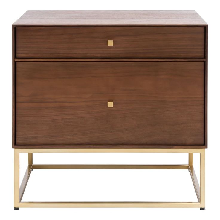 a brown and gold nightstand with two drawers on one side, the other is open