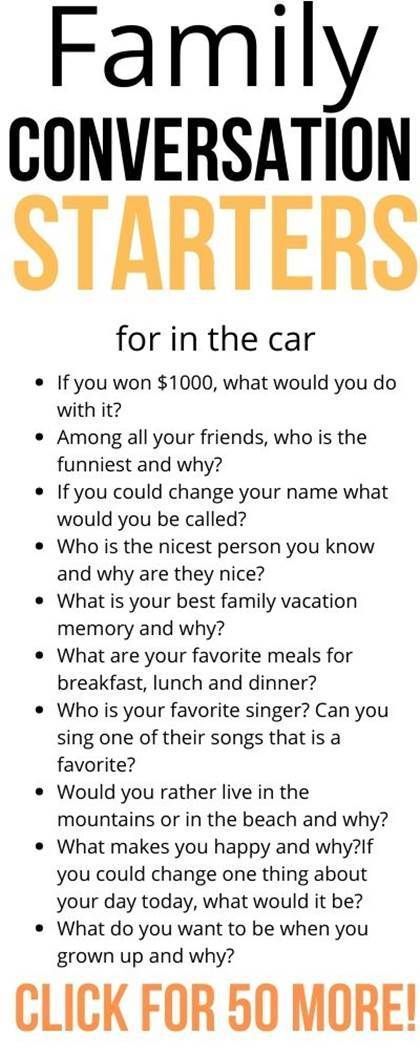 a poster with the words, family conversation starterrs for in the car and an image of