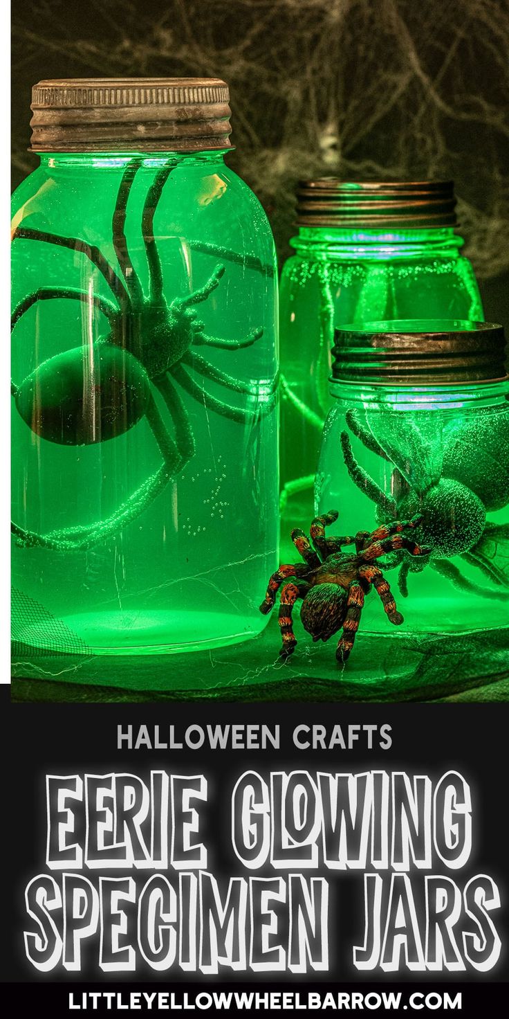 halloween crafts for kids to make with jars and spider webs in green mason jars