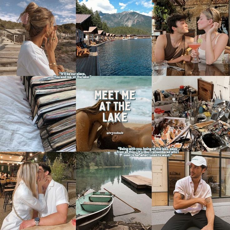 a collage of photos with people sitting on the ground and in front of water