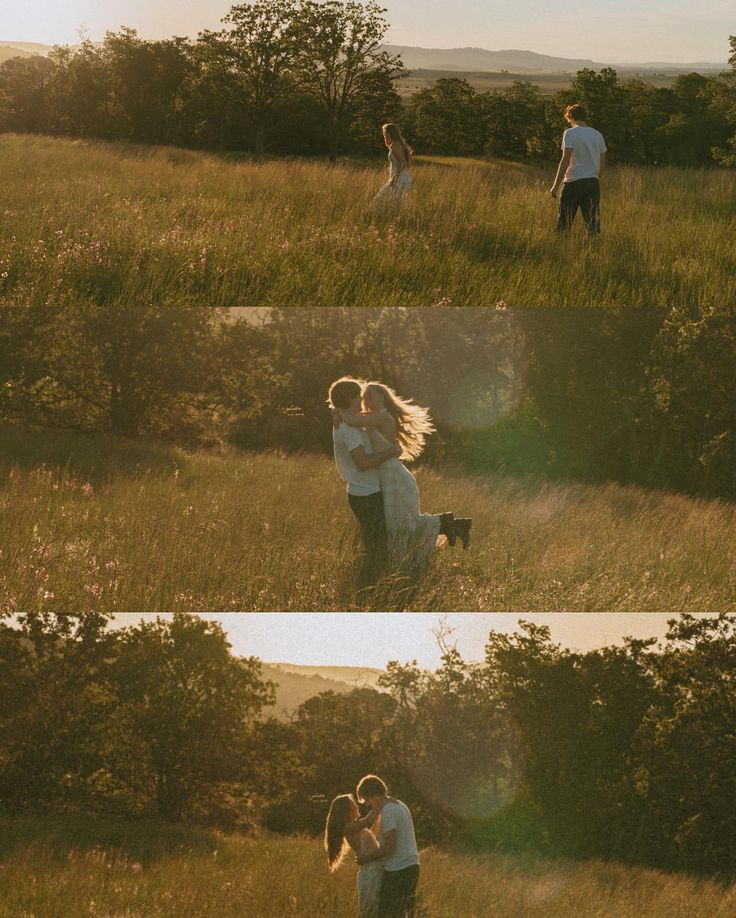 two people in a field hugging each other