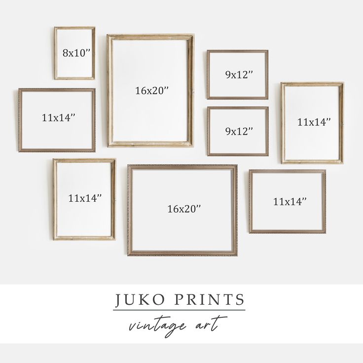 the uko prints vintage art collection is shown in white and gold frames with measurements for each