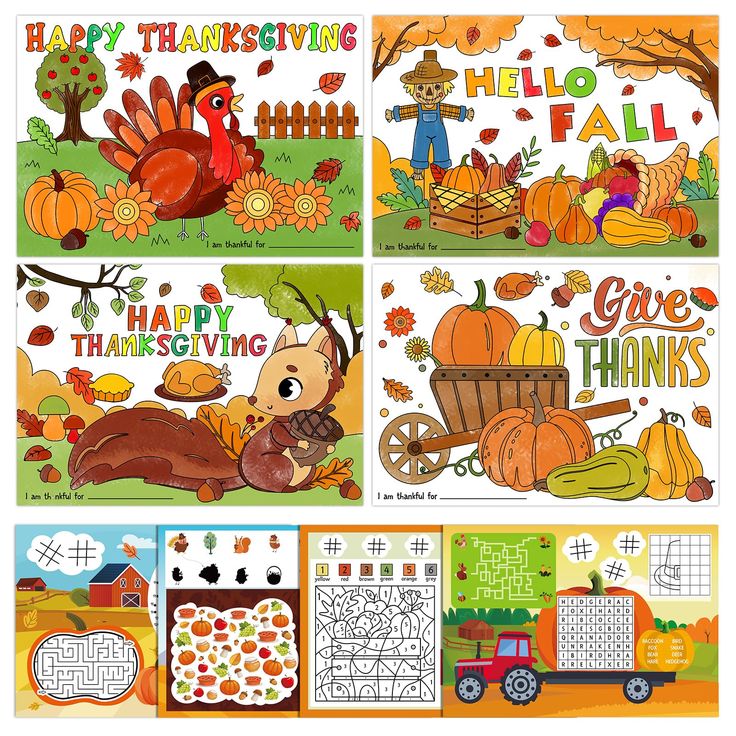 four thanksgiving cards with turkeys, pumpkins and other things to color on them