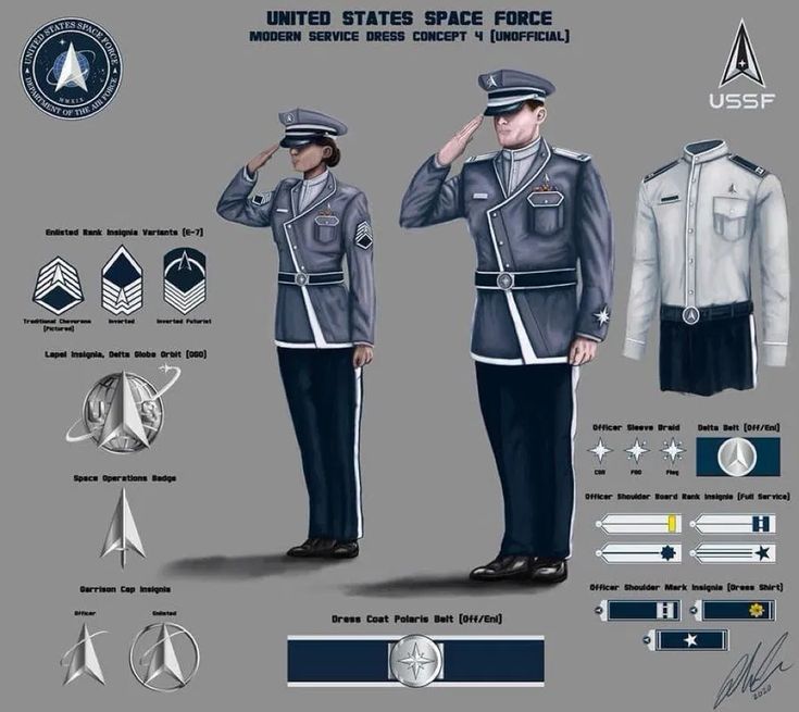 the uniforms and insignias of united states space force are depicted in this graphic art