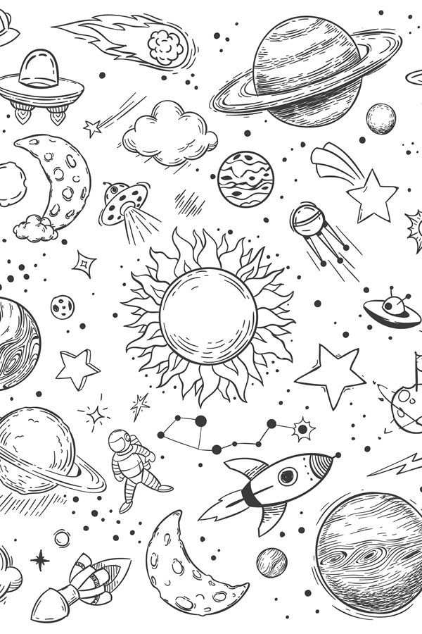 the solar system with planets and stars in black and white coloring book page for kids