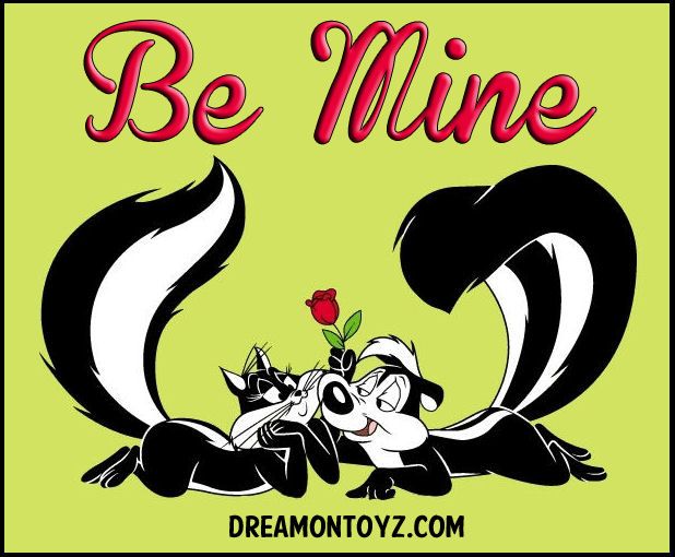 the skunks are kissing each other in front of a happy valentine's day sign