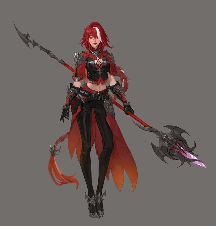 an anime character with red hair and black clothes holding two swords, standing in front of a gray background