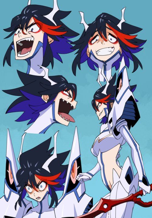 an anime character with different facial expressions and hair, in various poses on a blue background