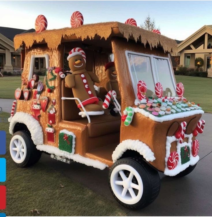 a truck decorated with gingerbreads and candy canes