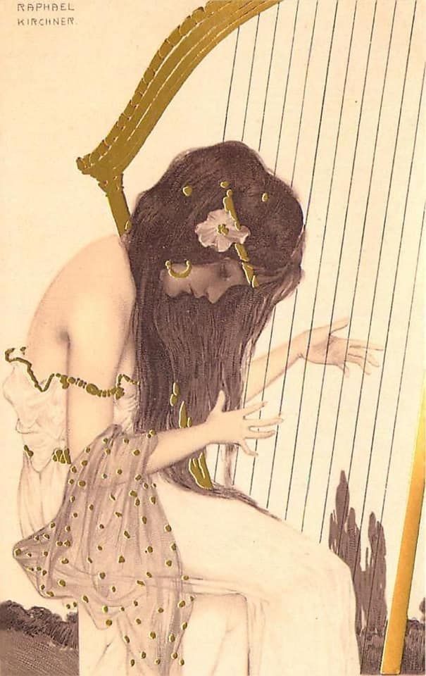 a drawing of a woman playing the harp