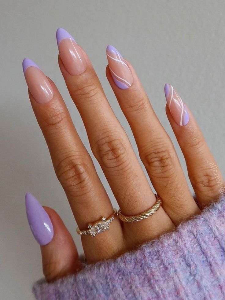 almond shaped light purple french tips with swirls Purple Almond Nails, Light Purple Nails, Purple Acrylic Nails, Purple Nail Designs, Lavender Nails, Purple Nail, Her Nails, Almond Nails Designs, Almond Acrylic Nails