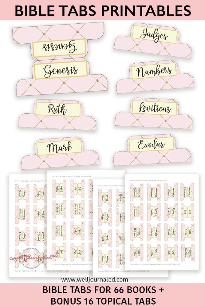 the bible tabs printables are shown in pink and yellow