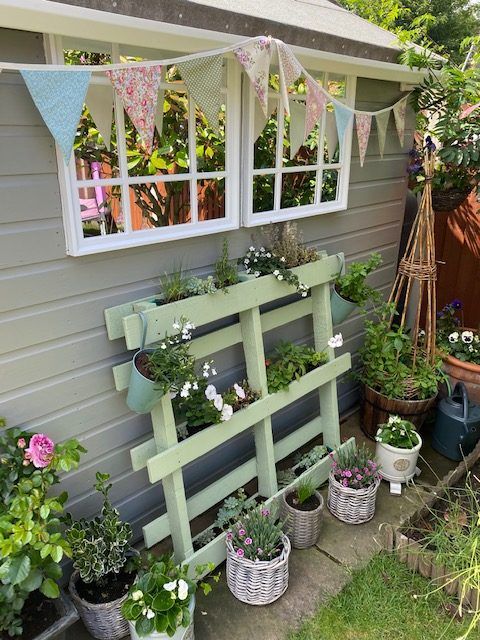 an outdoor garden area with potted plants and hanging bunting flags in the window