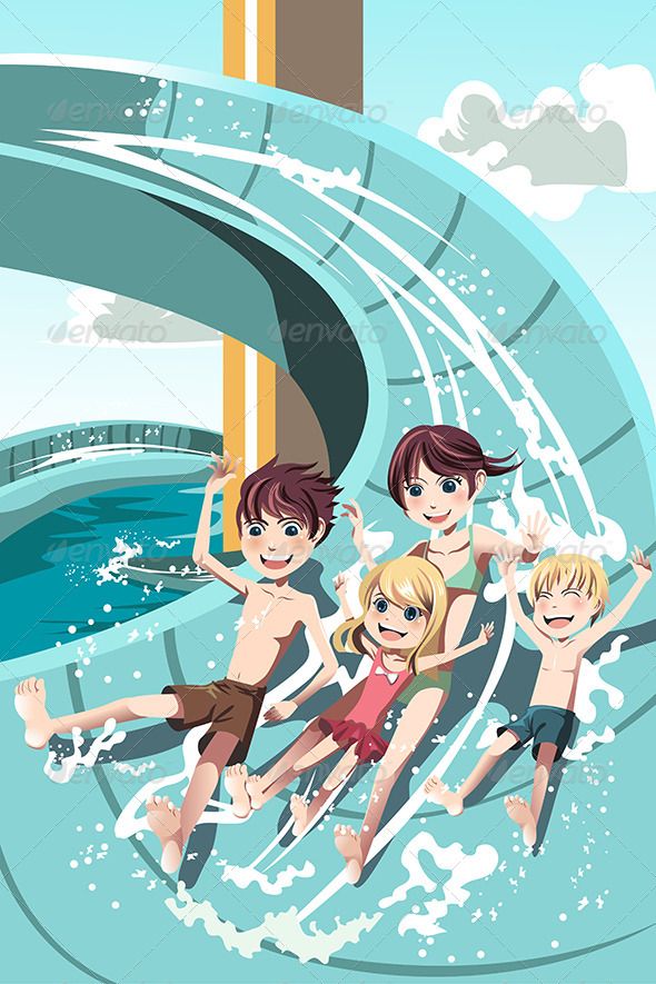 three kids are riding on a wave machine in the water stock illustration for children's book