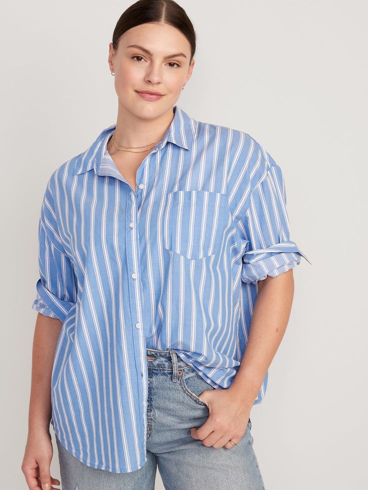 Spread collar, with button-down fastening.  Long drop-shoulder sleeves, with buttoned cuffs.  Front patch pocket.  Seamed back yoke.  Curved hem.  Soft, silicone-washed 100% cotton-twill.  All-over stripe print.  Oversized fit through body.  Women's Oversized Striped Shirt, Boyfriend Shirt, Petite Size, Stripe Print, Striped Shirt, Shoulder Sleeve, Oversized Fits, Soft Silicone, Blue Stripes