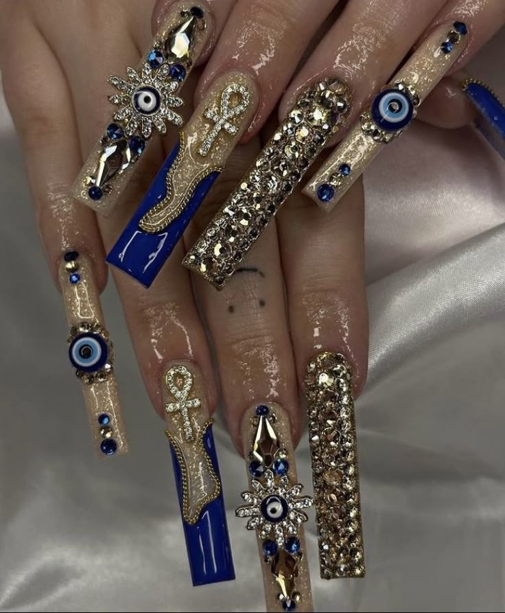 Egyptian Nail Art, Egyptian Nails, Aesthetic Nail Art, Egyptian Aesthetic, Evil Eye Nails, Aesthetic Nail, Long Nail Designs, Edgy Nails, Nails Design With Rhinestones