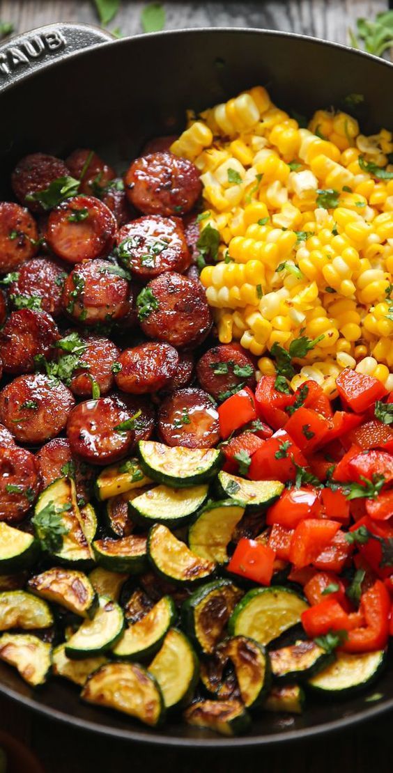 Sausage and Veggies Skillet with Bell Peppers, Zucchini, and Corn. Sausage And Veggies Skillet, Sausage And Veggies, Health Dinner, Health Dinner Recipes, Summer Dinner, Sausage Recipes, Bell Peppers, High Protein Recipes, Healthy Meal Prep