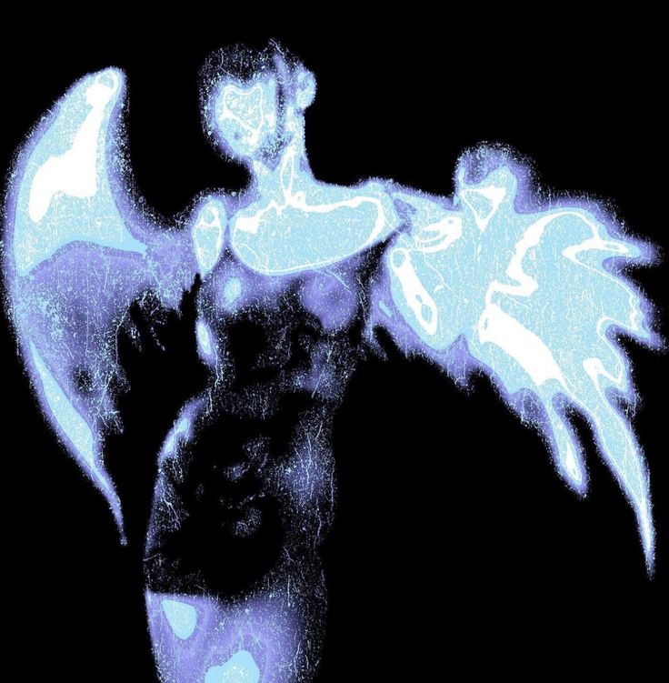 an angel with blue wings on a black background