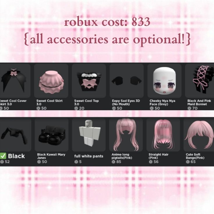 an info sheet with different hair styles and colors on the front, along with text that reads robux cost $ 33 all accessories are options