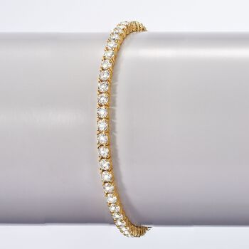 Ross-Simons - 10.00 ct. t. w. Cubic Zirconia Tennis Bracelet in 14kt Gold Over Sterling. 8". It's all about the big sparkle of CZs. This tennis bracelet takes full advantage with 10.00 ct. t. w. round brilliant-cut CZs in 14kt yellow gold over sterling silver. Double-latch safety. Box clasp, CZ tennis bracelet. CZ weights are diamond equivalents. Elegant Round Iced Out Diamond Bracelet, Elegant Iced Out Round Diamond Bracelet, Diamond Tennis Bracelet Iced Out For Anniversary, Anniversary Diamond Tennis Bracelet Iced Out, Formal Yellow Gold Diamond Bracelet Iced Out, Formal Yellow Gold Iced Out Diamond Bracelet, Iced Out Diamond Tennis Bracelet For Anniversary, Elegant Iced Out Diamond Tennis Bracelet, Gold Bracelet With Cubic Zirconia In Prong Setting