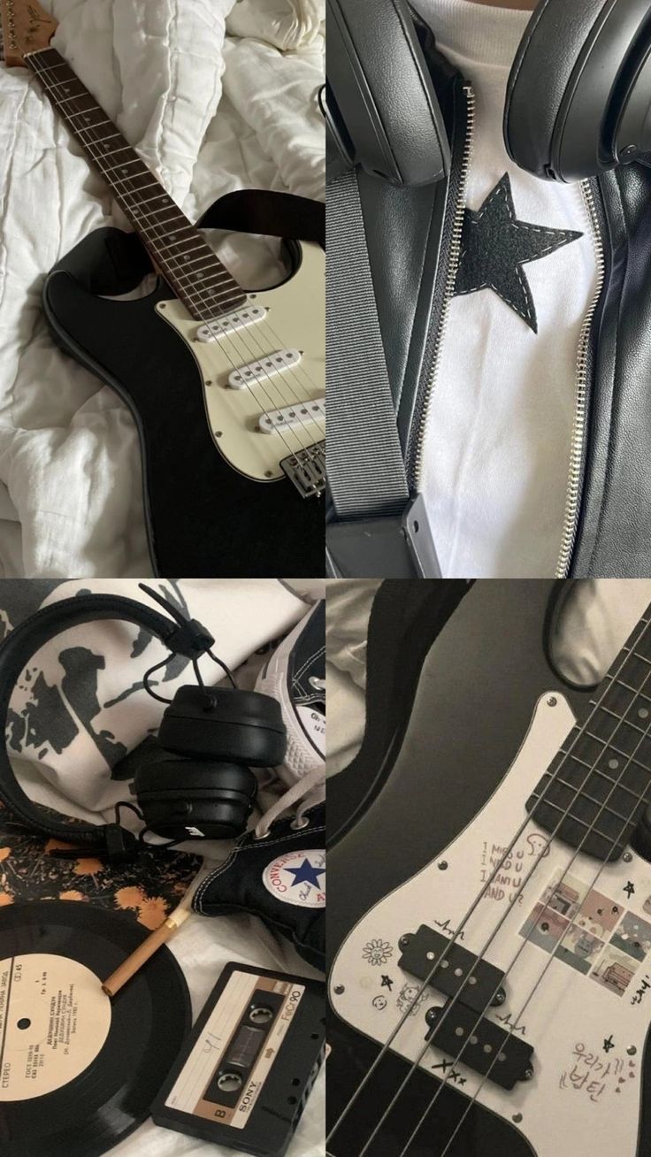 an assortment of guitars and headphones are shown in three different pictures, including one with a star on it