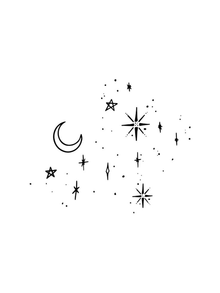 a black and white drawing of stars and the moon