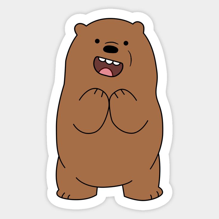 a brown bear sticker with its mouth open and hands on it's chest