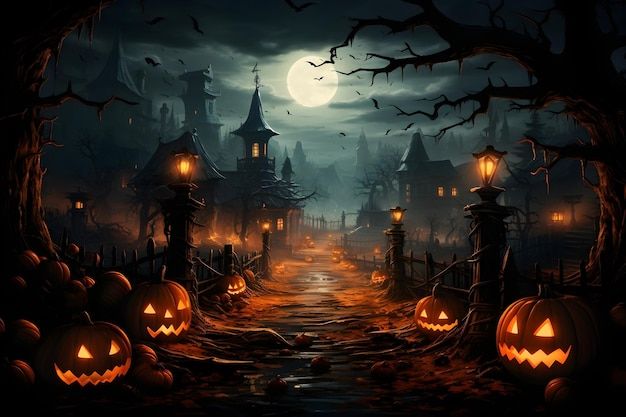 a halloween scene with pumpkins on the ground