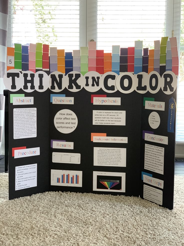 a bulletin board that says think in color on the front and back with information about it