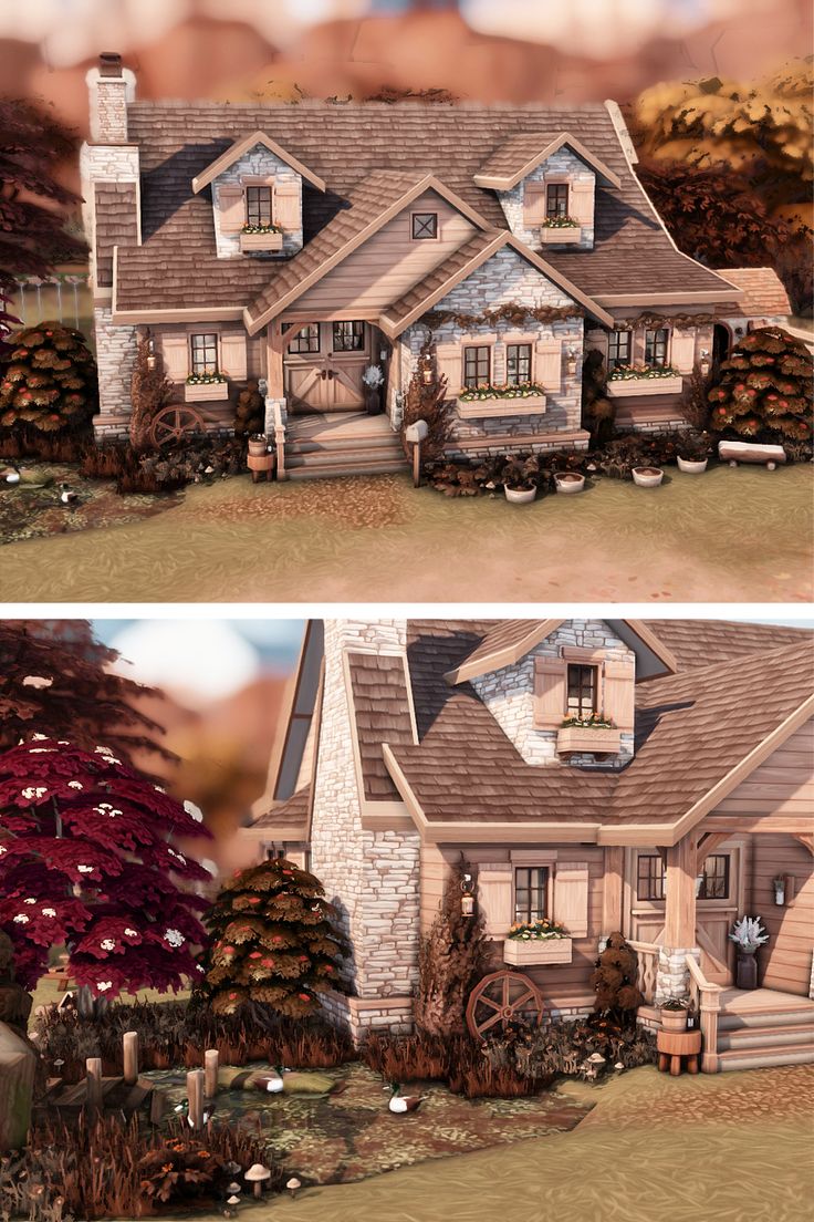 two different views of a house with trees and bushes