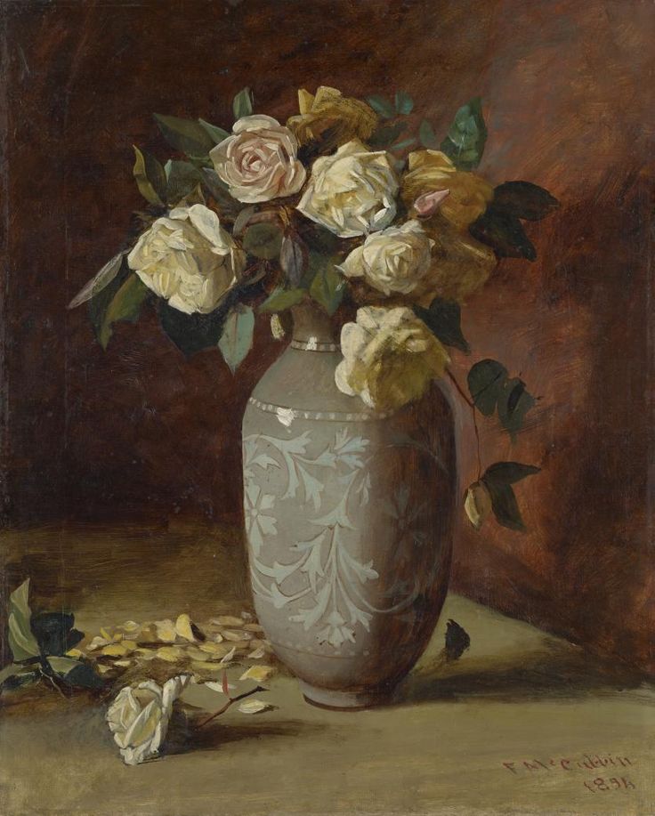 a painting of flowers in a vase on a table with leaves and petals scattered around it