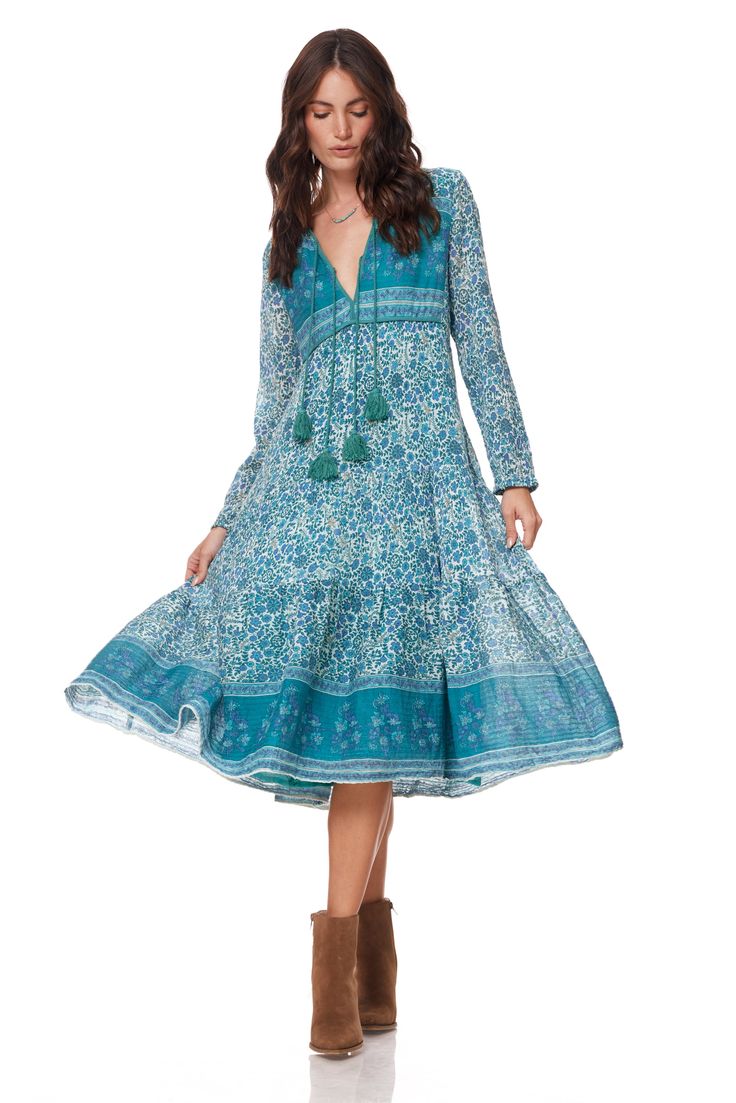 Kayla Printed Midi Dress Emerald - Blue Boheme