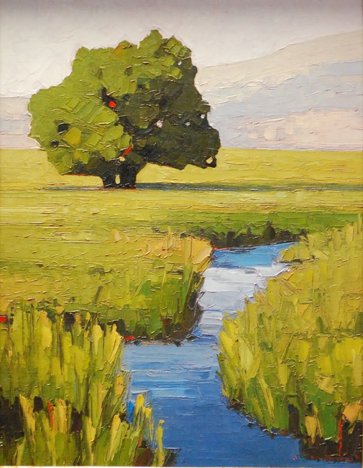 an oil painting of a tree in the middle of a field with water and grass