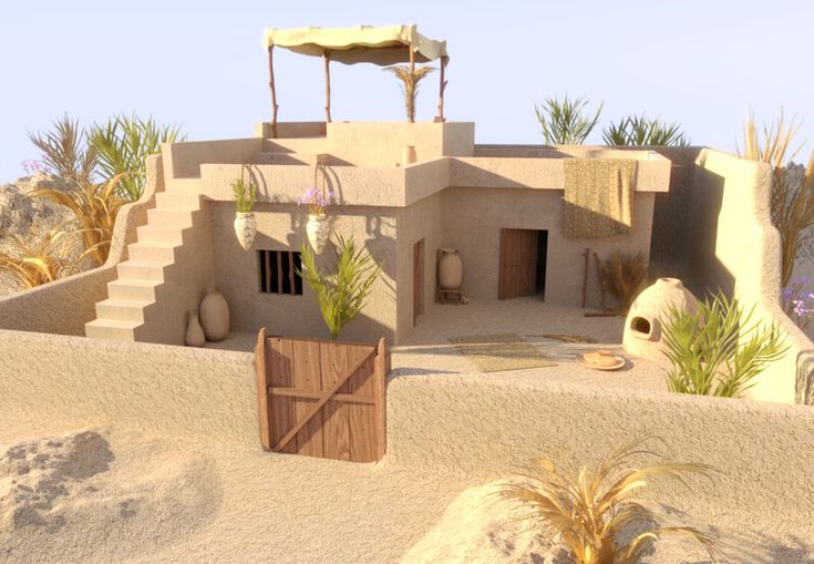 an adobe - style house in the desert with palm trees and potted plants outside