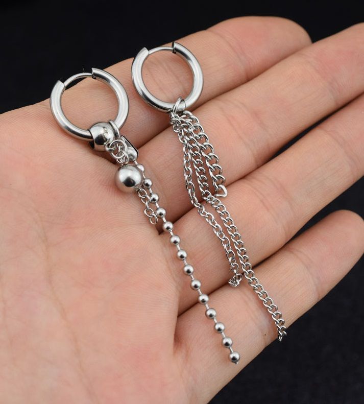 Asymmetrical Chain Earrings | Jimin – BTS | K-Fashion at Fashionchingu Jimin Earrings, Hoop Earrings Design, Kpop Earrings, Padlock Necklace, Infinity Earrings, Korean Jewelry, Fashion Tag, Knot Earrings, Silver Cross