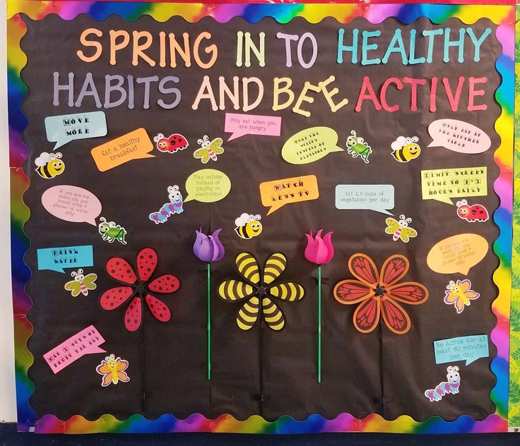 a bulletin board with flowers and bugs on it that says spring in to healthy habitats and be active