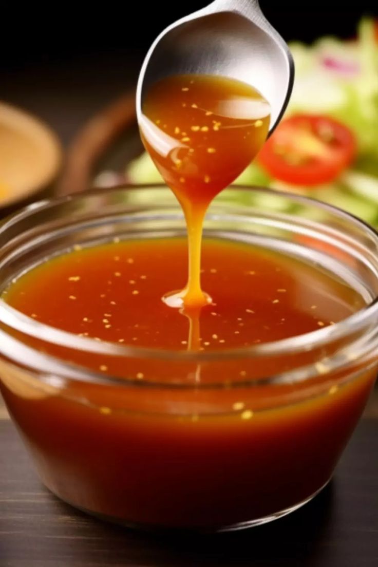 a spoon pouring sauce into a glass bowl on top of a wooden table next to lettuce and tomatoes