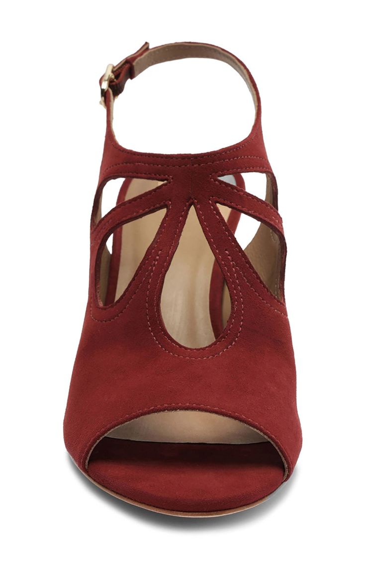 Tear-shaped cutouts lend an artful look to this smooth suede sandal finished with an adjustable slingback and cushioned footbed. 2 1/2" heel Cushioned footbed Leather upper, lining and sole Made in Brazil Red Evening Sandals With Deep Heel Cup, Red Open Toe Slingback Pumps With Sculpted Heel, Open Toe Suede Sandals With 4-inch Heel, Suede Sandals With Sculpted Heel And Open Toe, Suede Open Toe Sandals With Sculpted Heel, Evening Suede Sandals With Sculpted Heel, Evening Suede Sandals With Heel Loop, Suede Ankle Strap Slingback Sandals For Party, Evening Suede Slingback Sandals With Ankle Strap