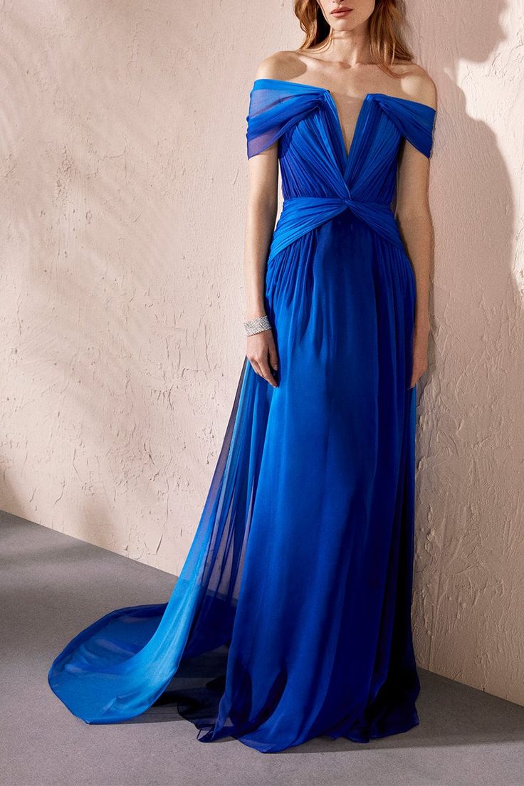 Pamella Roland off the shoulder pleated ombe gown in blue. 100% Polyester Dry Clean Only Made in the USA Ombre Gown, Pamella Roland, Resort 2023, Chiffon Gown, Evening Outfits, Couture Gowns, Gorgeous Gowns, Beautiful Gowns, Fancy Dresses