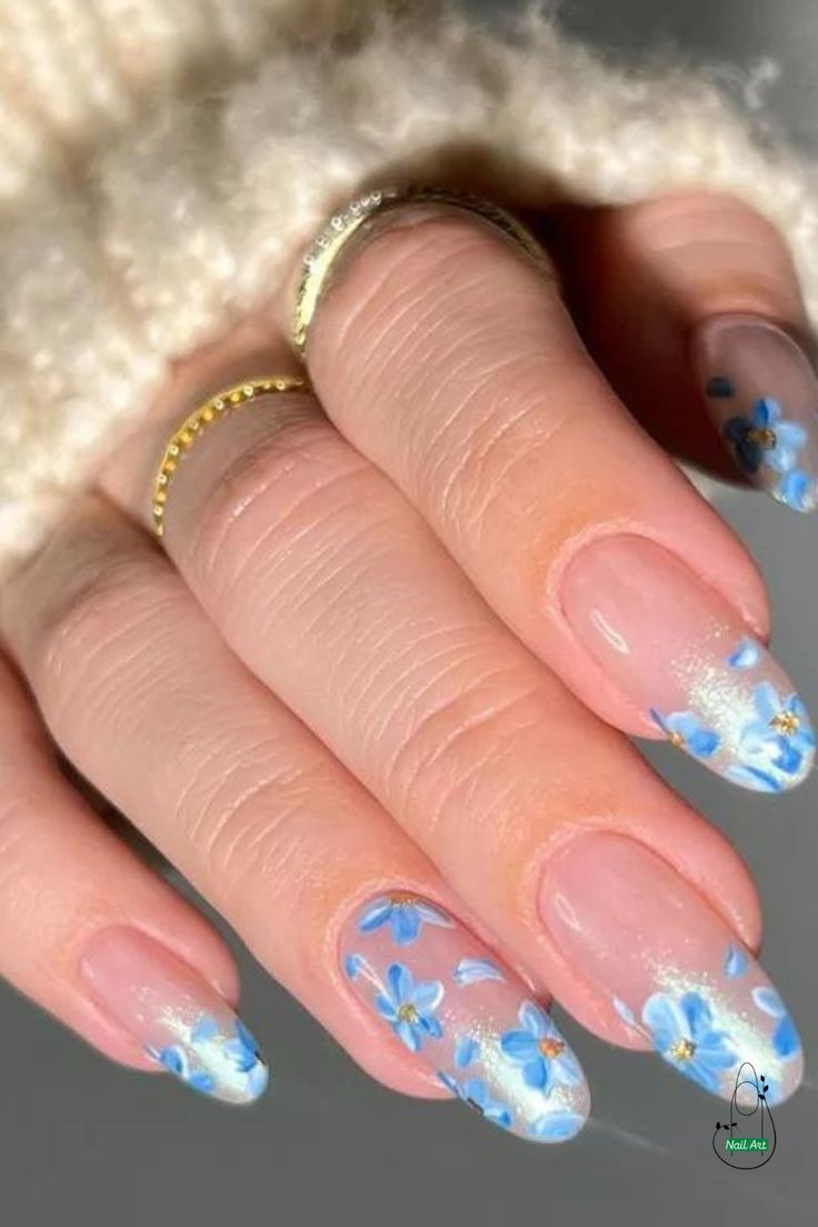 Breezy Blooms Blue Flowers Nails Design, Cornflower Nails, Light Blue Floral Nails, Light Blue Flower Nails, Blue Bridal Nails, Blue Flower Nail Art, Cornflower Blue Nails, Bloom Nails, Blue Flower Nails