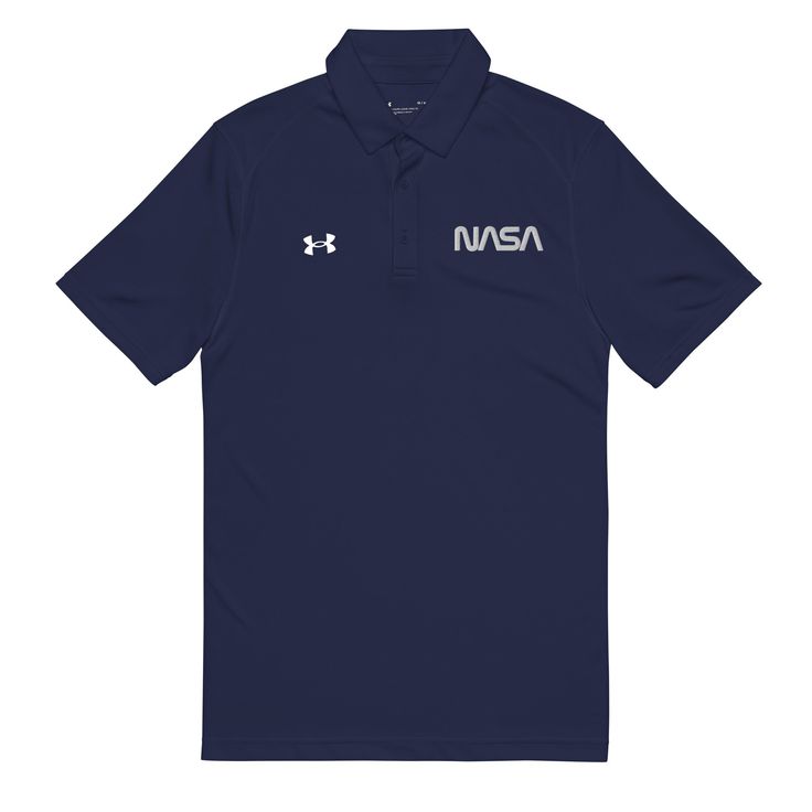 the nasa polo shirt in navy blue with white letters and an astronaut logo on the chest