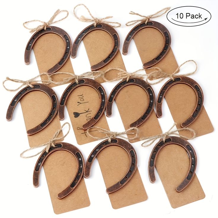 10 pieces of cowgirl horseshoes hanging from twine with tags attached to them