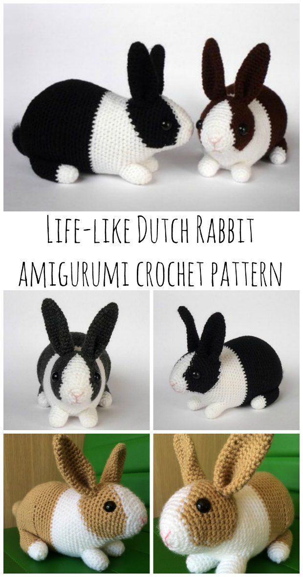 crocheted rabbits are shown in three different pictures, one is black and the other is white