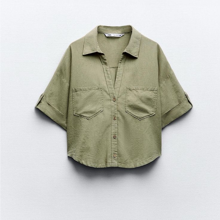 Never Worn Zara Blouse! Khaki Collared Top For Summer, Zara Collared Top With Pockets, Chic Zara Blouse With Pockets, Zara Blouse With Pockets For Workwear, Chic Khaki Tops With Pockets, Zara Workwear Blouse With Pockets, Chic Khaki Tops For Workwear, Khaki Button-up Tops For Summer, Zara Summer Tops With Pockets