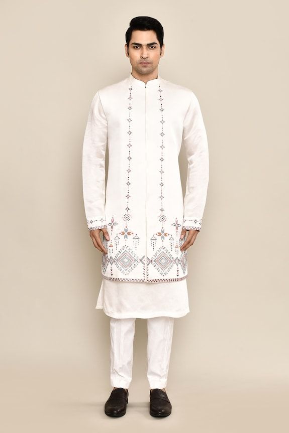 Ivory bundi with thread embroidery in stripe pattern. Paired with cuff embroidered kurta and pant pyjama. - Aza Fashions Satin Embroidery, Pajama Pattern, Nehru Jackets, Satin Color, Thread Embroidery, Kurta Set, Mandarin Collar, Embroidery Thread, Aza Fashion