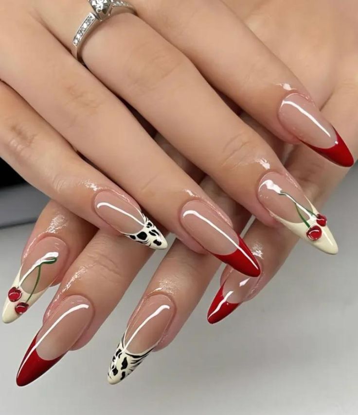 Elevate your nails with this stunning 3D cherry french nail set. With cherry designs in trend now, there is no better set to have on! They exude class and style without doing too much. Perfect for an everyday nail set of for special occasions, such as weddings, graduation, birthdays and special holidays.   Each nail set is custom made for each customer. If you have any questions about the size or style of the nails, please message me, I'm more than willing to assist of answer any queries you may have.  We understand that our customers appreciate quick and seamless deliveries so we work around the clock to deliver high quality press on nails in a short period of time. We take 1-4 working days to make the set, followed by 5-12 working days delivery. Each package gets FREE international deliv Decal Nails Design, Zero Halloween Nails, Trending Nails Almond, Almond Nails Fun Designs, Country Festival Nails Design, Rihnstone Placement Nails, Nail Day Outfit, Cherry Art Nails, Cherry Fall Nails