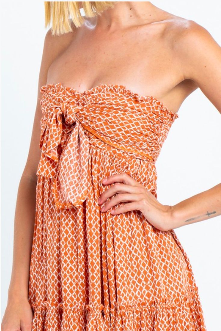 Orange Diamond Print Dress - Strapless Dress - Mini Dress | Bohopink Strapless Maxi Dress For Spring And Summer, Strapless Summer Maxi Dress, Summer Strapless Dress For Beach Cover-up, Sundress Style Strapless Bandeau Dress For Day Out, Summer Strapless Maxi Dress, Summer Flowy Strapless Dress For Day Out, Strapless Maxi Dress For Spring Vacation, Strapless Summer Dress For Beach Cover-up, Summer Strapless Mini Dress For Vacation